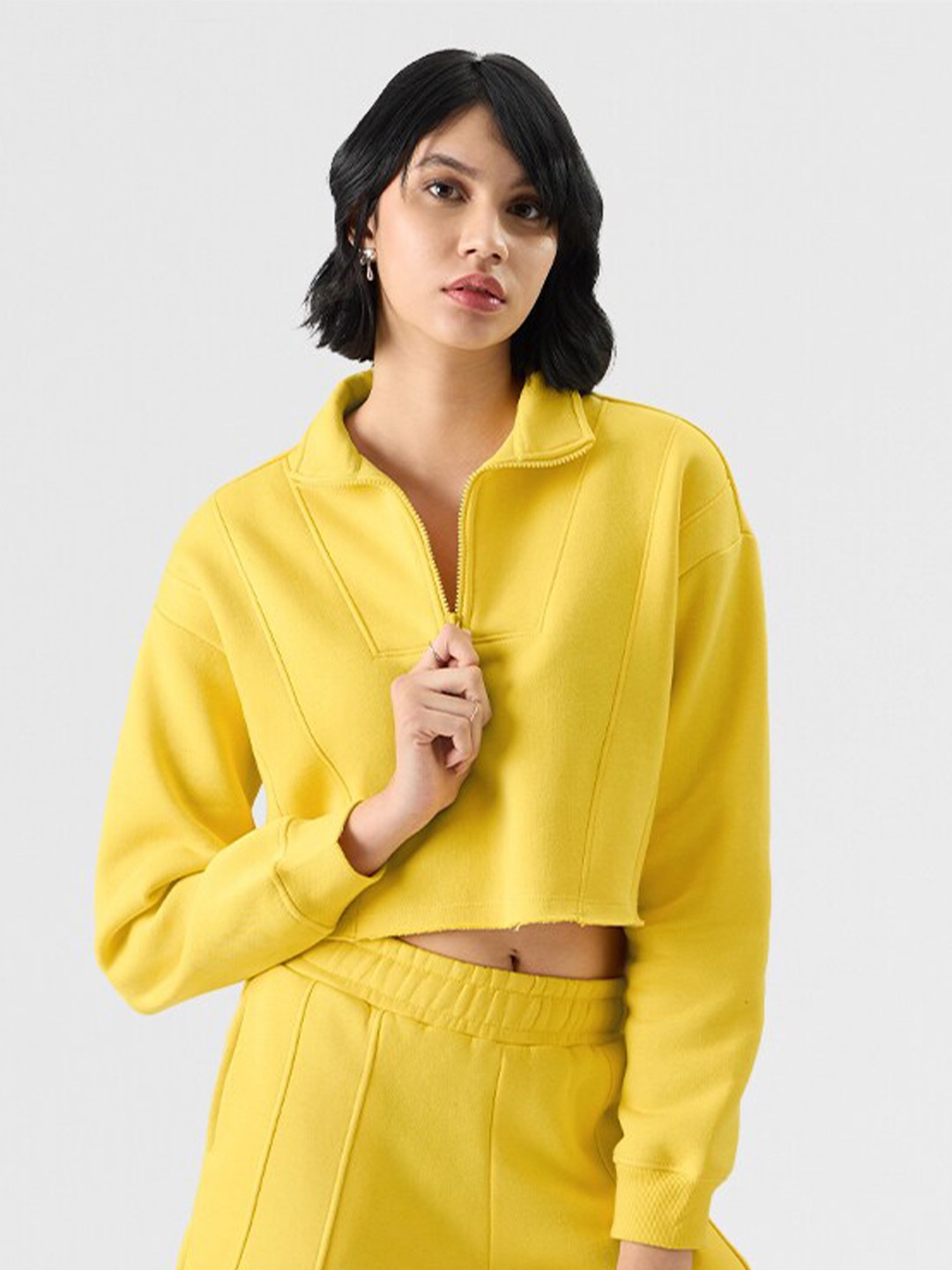 

The Souled Store Shirt Collar Cotton Pullover Crop Sweatshirt, Yellow