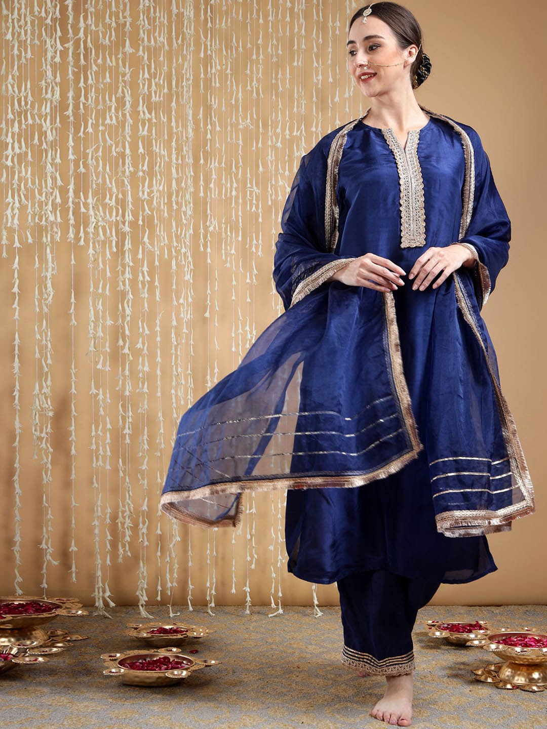 

TYAAR Gotta Patti Regular Kurta With Trousers & Dupatta, Navy blue