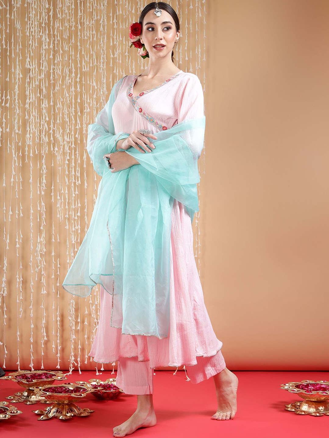 

TYAAR Angrakha Thread Work Kurta with Trousers & Dupatta, Pink