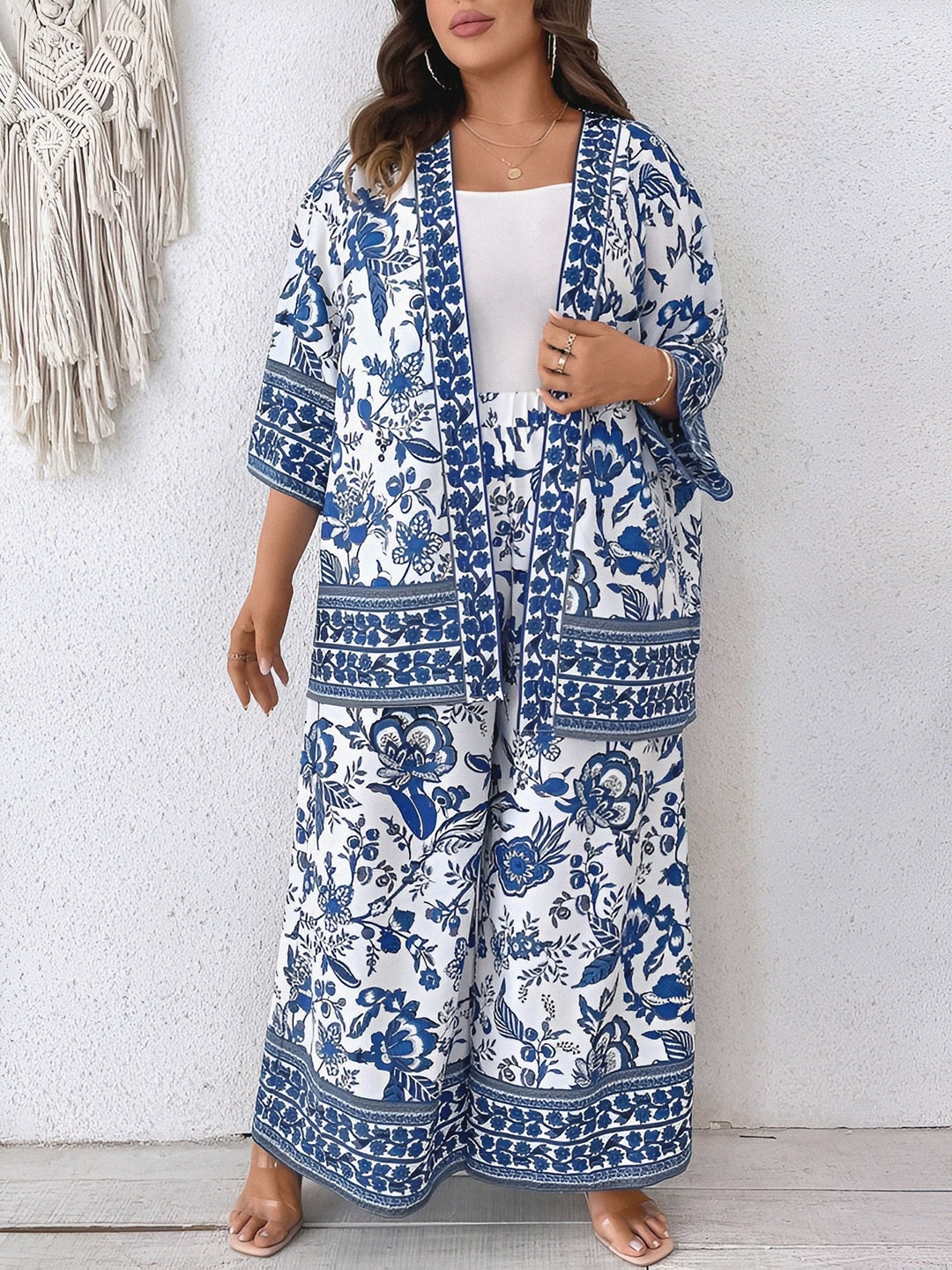 KALINI Floral Printed Shrug With Palazzo, Blue