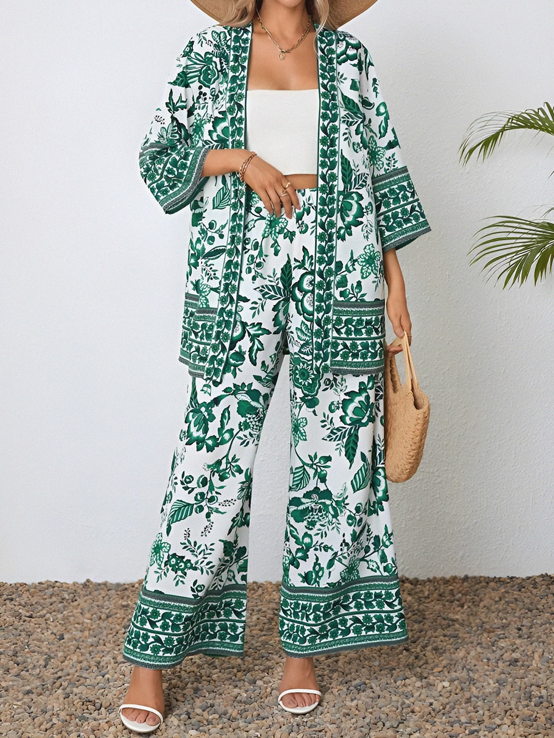 

KALINI Floral Printed Shrug With Palazzo, Green