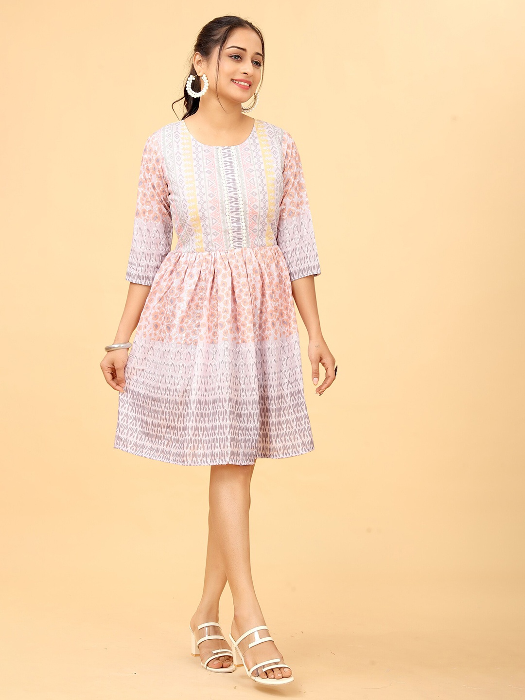 

PEACH PIPER Geometric Printed Pleated Cotton Fit and Flare, White