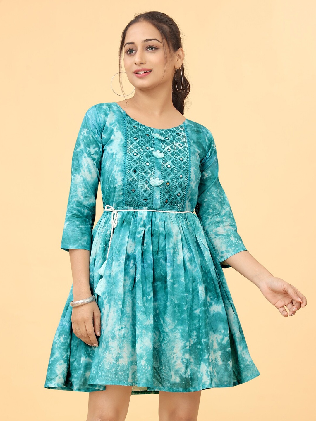 

PEACH PIPER Geometric Embroidered Cotton Fit & Flare Dress, Blue