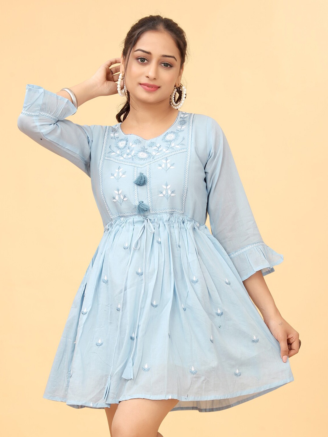 

PEACH PIPER Floral Embroidered Cotton Fit & Flare Dress, Blue