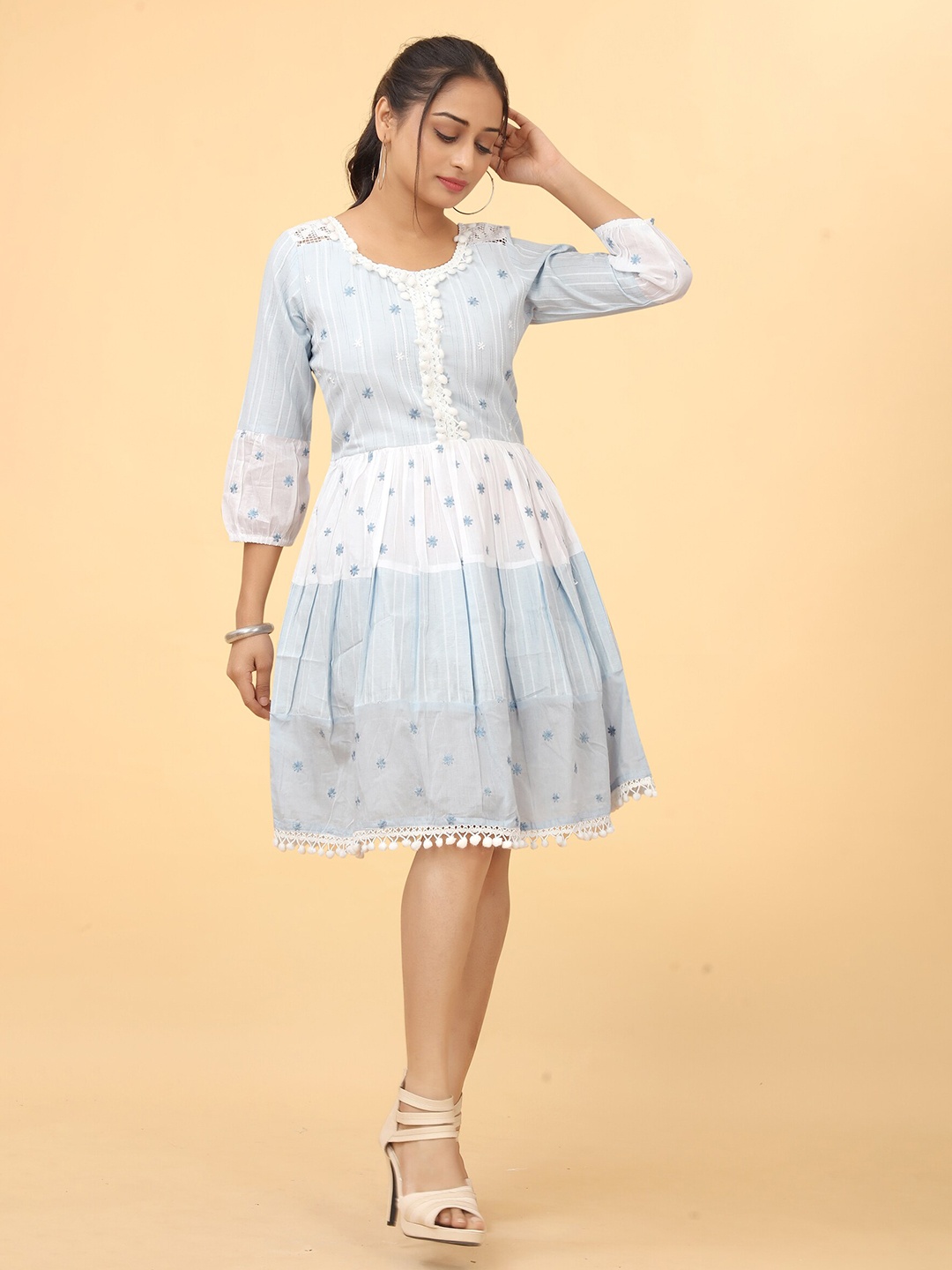 

PEACH PIPER Floral Embroidered Cotton Fit & Flare Dress, Blue