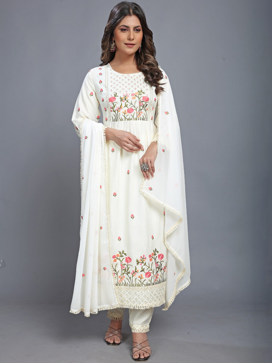 

Growdamy Floral Embroidered Kurta with Trousers & With Dupatta, White