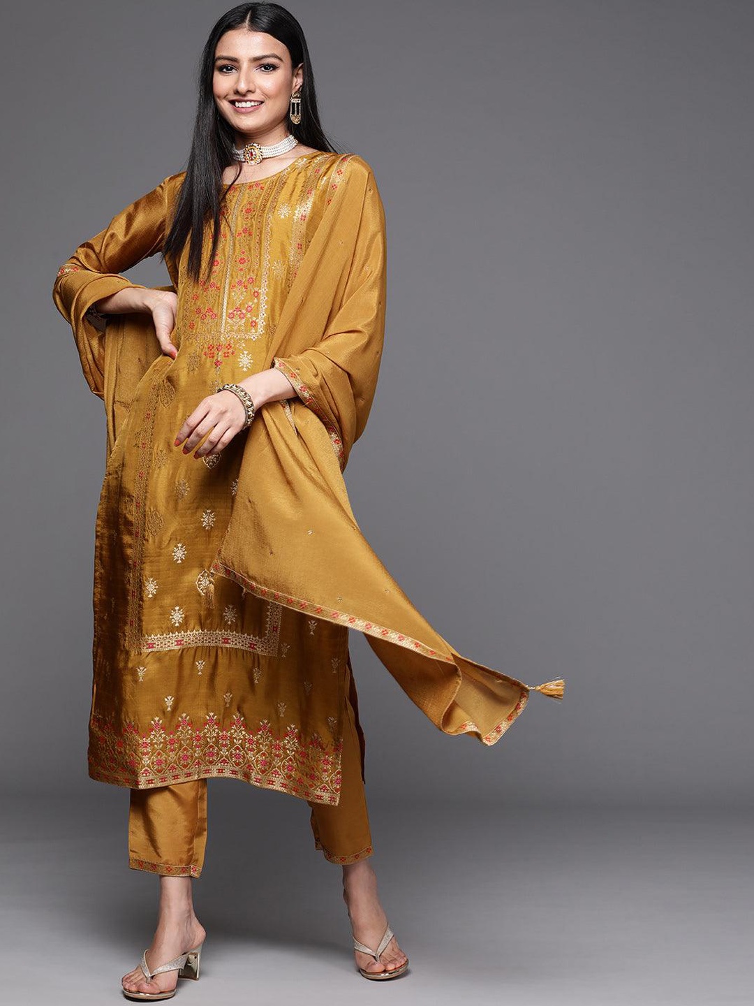 

Growdamy Floral Embroidered Kurta with Trousers & With Dupatta, Mustard