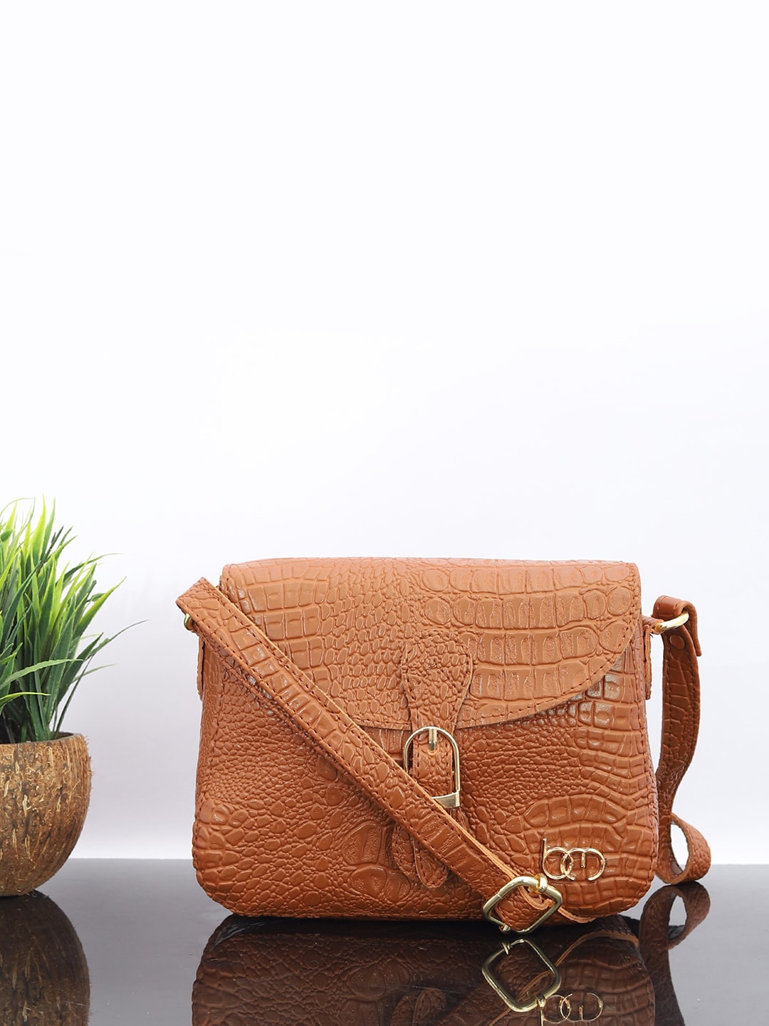 

Bagsy Malone PU Textured Sling Bag With Buckle Detail, Tan