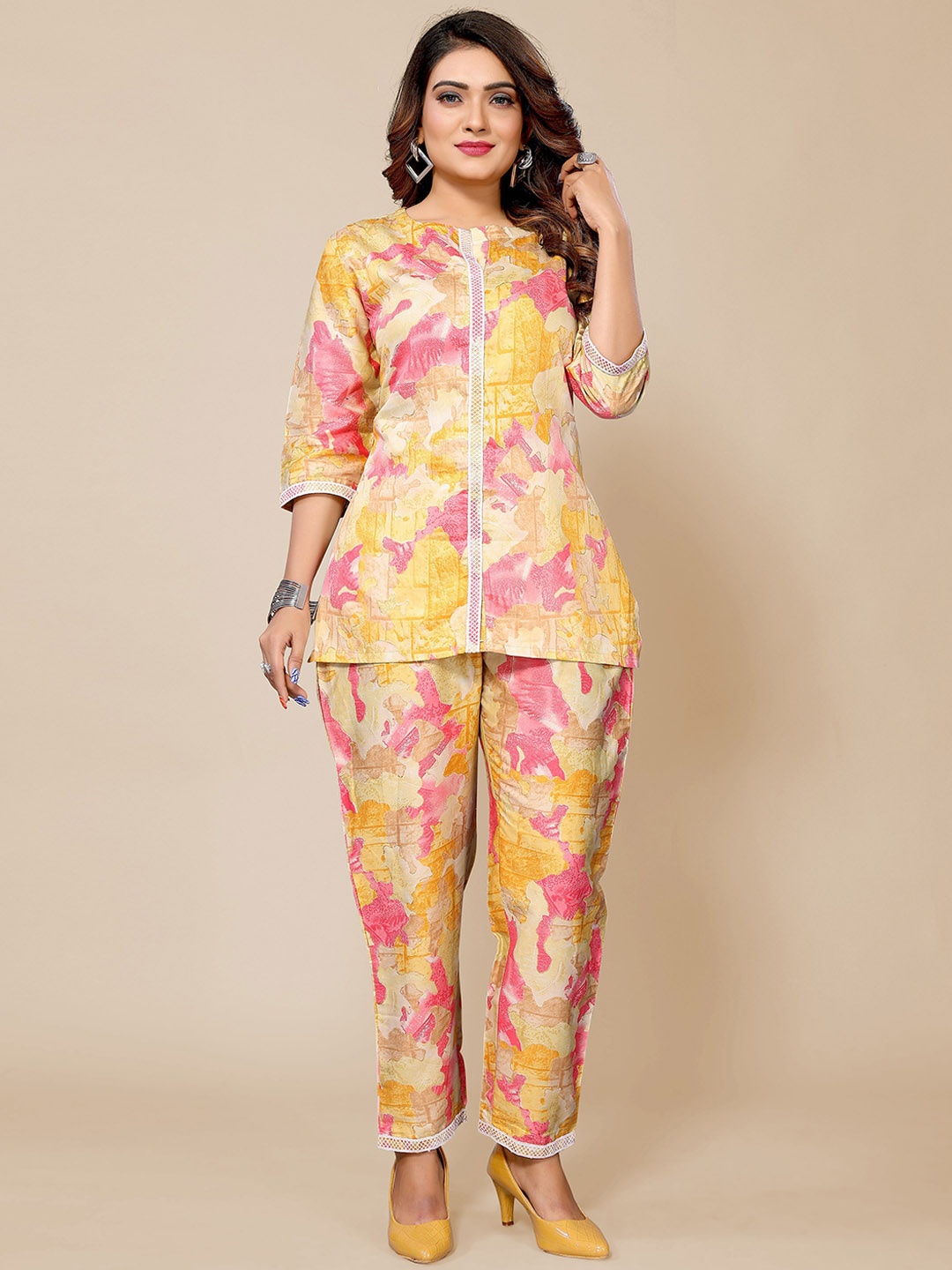

PRINTCULTR Round Neck Top With Flared Trouser Co-Ords, Yellow
