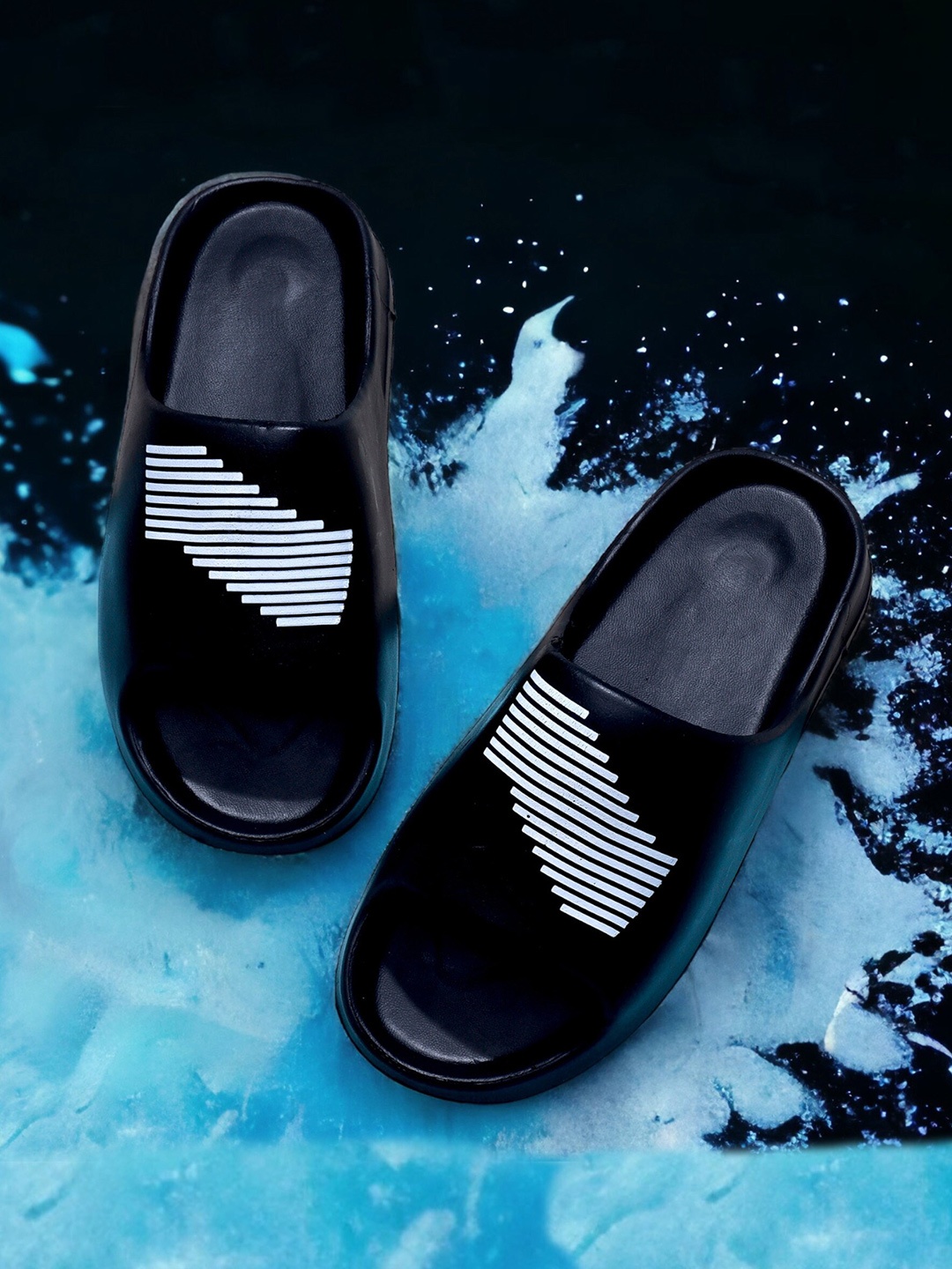 

Pampy Angel Men Striped Printed Croslite Sliders, Black