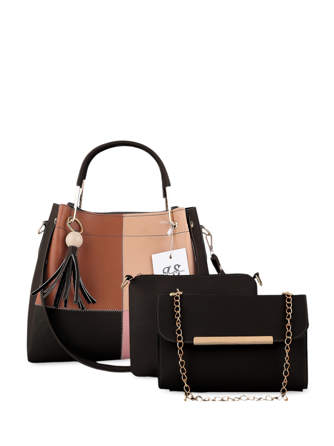 

LIKE STYLE Set Of 3 Colourblocked Structured Tasselled Handheld Bag, Black