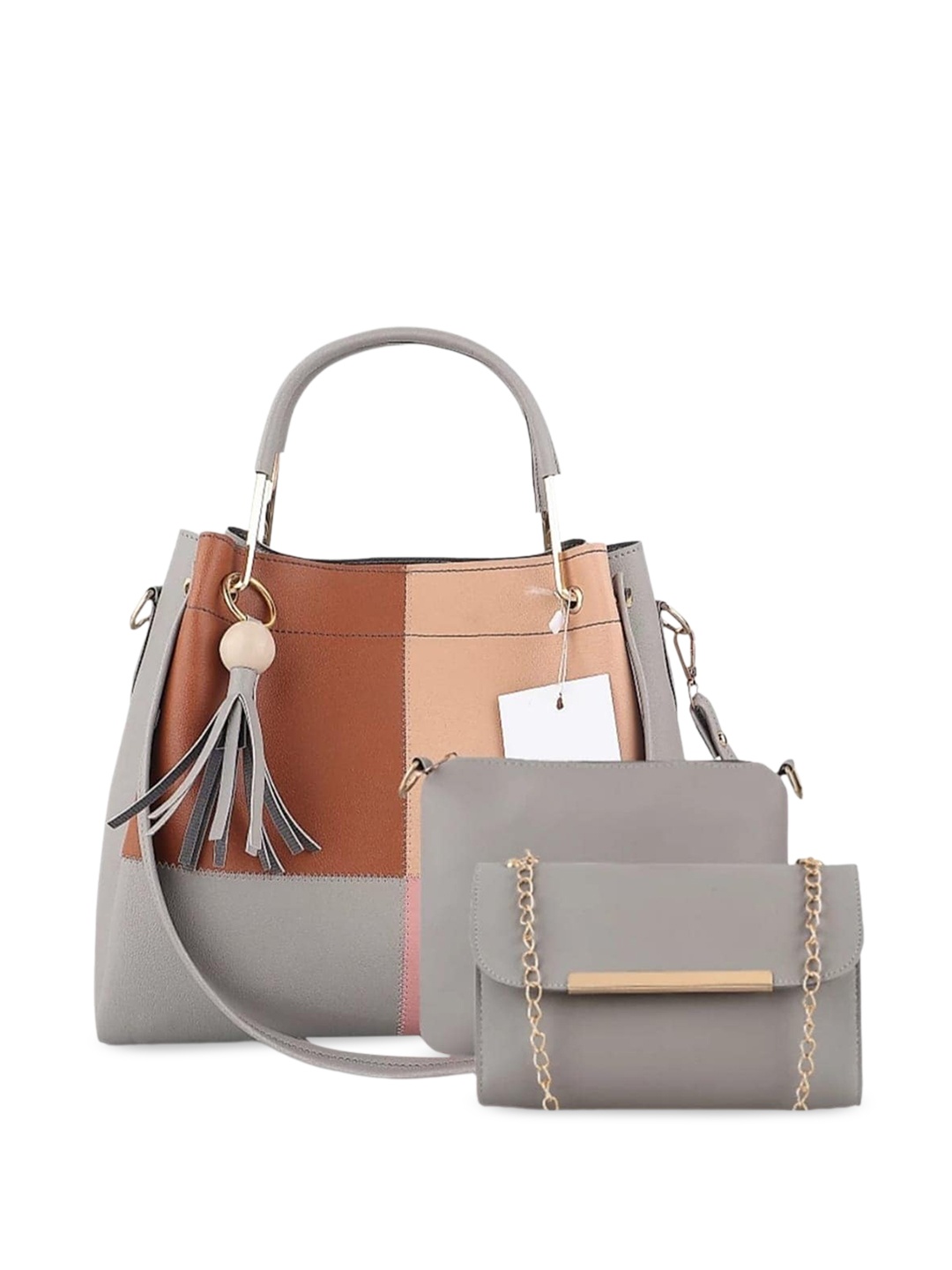 

LIKE STYLE Set Of 3 Colourblocked Handheld Bag With Tasselled, Grey
