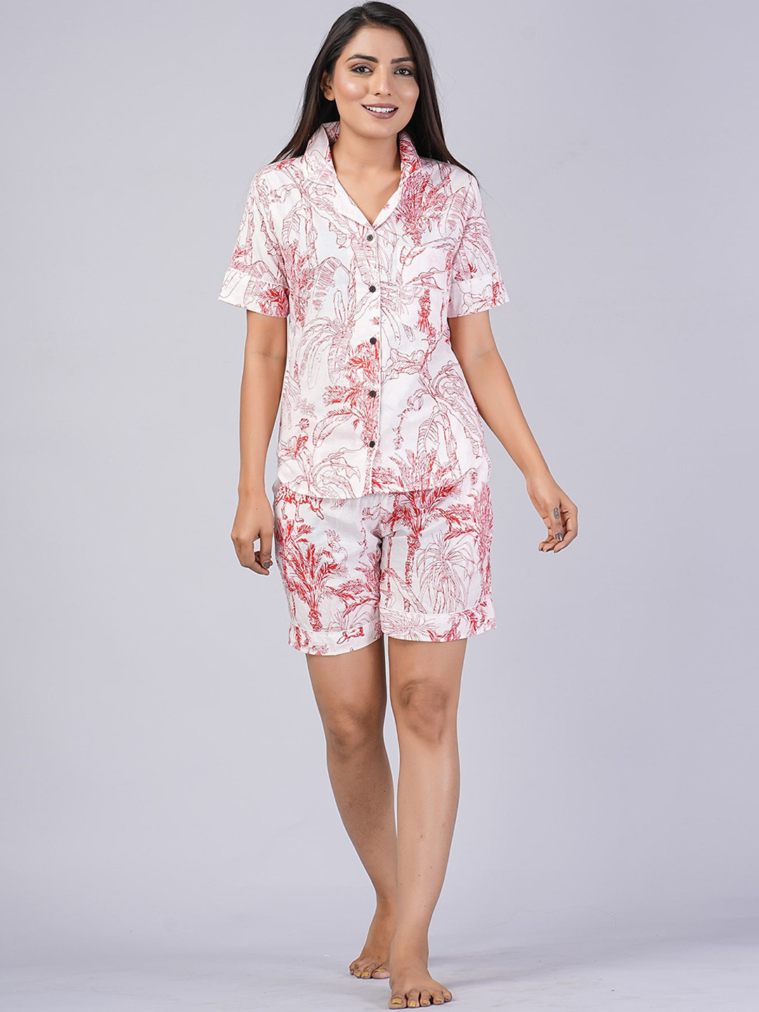 

SHOOLIN Tropical Printed Lapel Collar Pure Cotton Shirt & Shorts, White