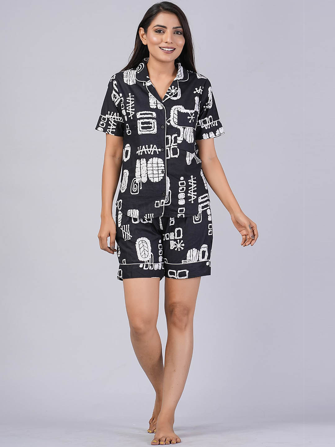 

SHOOLIN Typography Printed Lapel Collar Pure Cotton Shirt With Shorts, Black