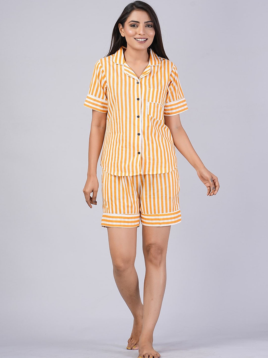 

SHOOLIN Striped Lapel Collar Pure Cotton Shirt With Shorts, Yellow