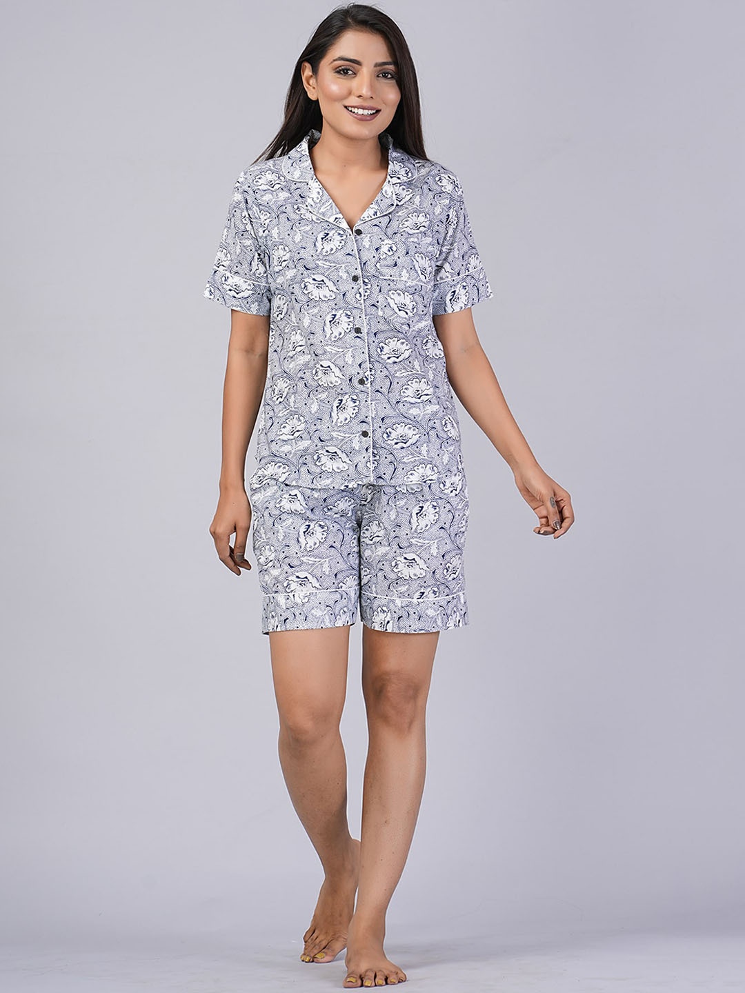 

SHOOLIN Floral Printed Lapel Collar Pure Cotton Shirt & Shorts, Grey