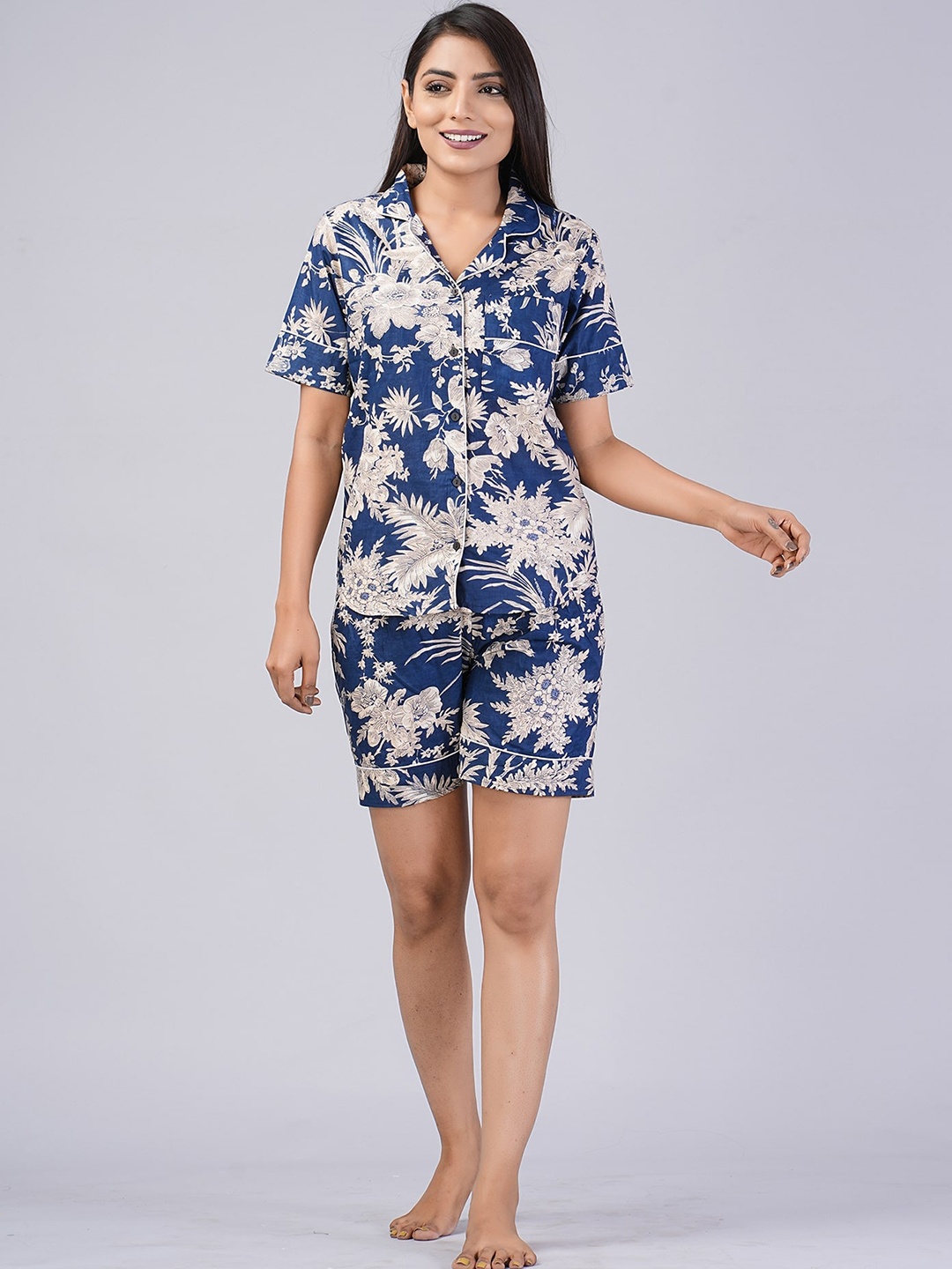 

SHOOLIN Floral Printed Lapel Collar Pure Cotton Shirt With Shorts, Blue