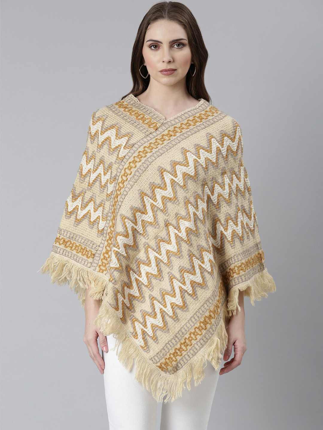 

SHOWOFF Chevron Self Design V-Neck Fringed Detail Acrylic Poncho, Mustard