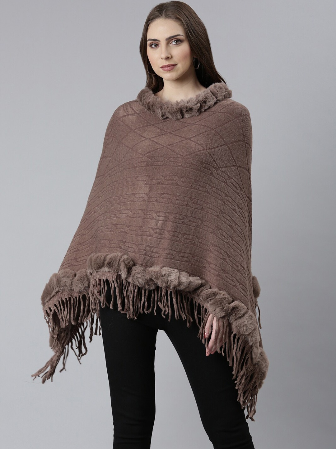 

SHOWOFF Geometric Self Design Fringed Detail Acrylic Poncho, Taupe