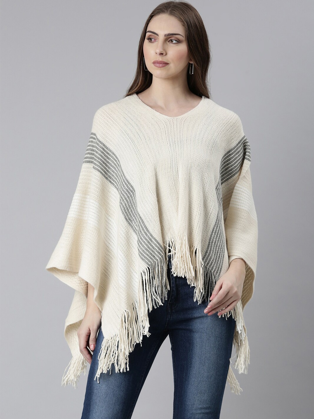 

SHOWOFF Striped Self Design V-Neck Fringed Detail Acrylic Poncho, Cream