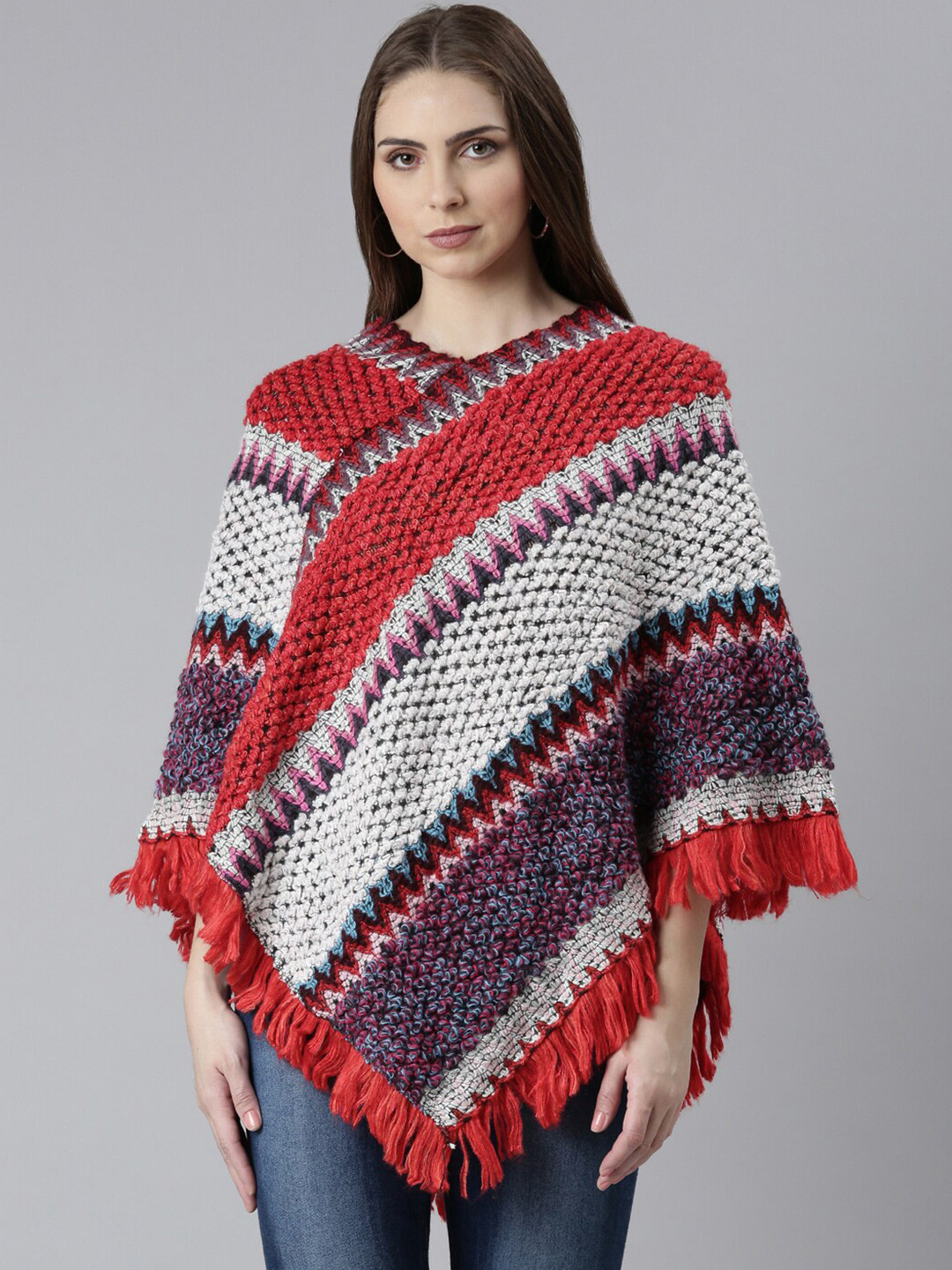 

SHOWOFF Colourblocked Self Design V-Neck Fringed Detail Acrylic Poncho, Red