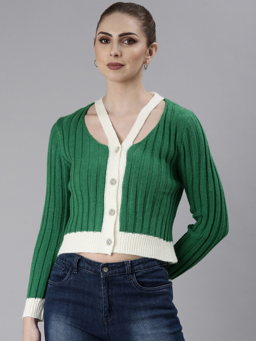 

SHOWOFF Striped Self Design V-Neck Ribbed Acrylic Cardigan, Green