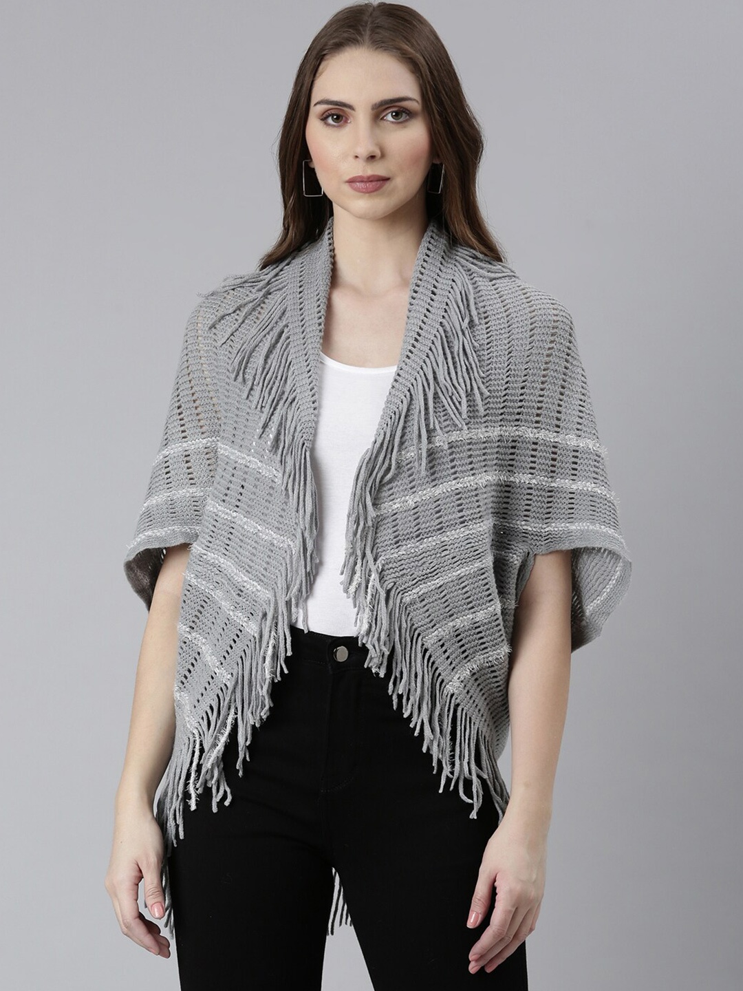 

SHOWOFF Open Knit Shawl Collar Fringed Detail Acrylic Poncho, Grey