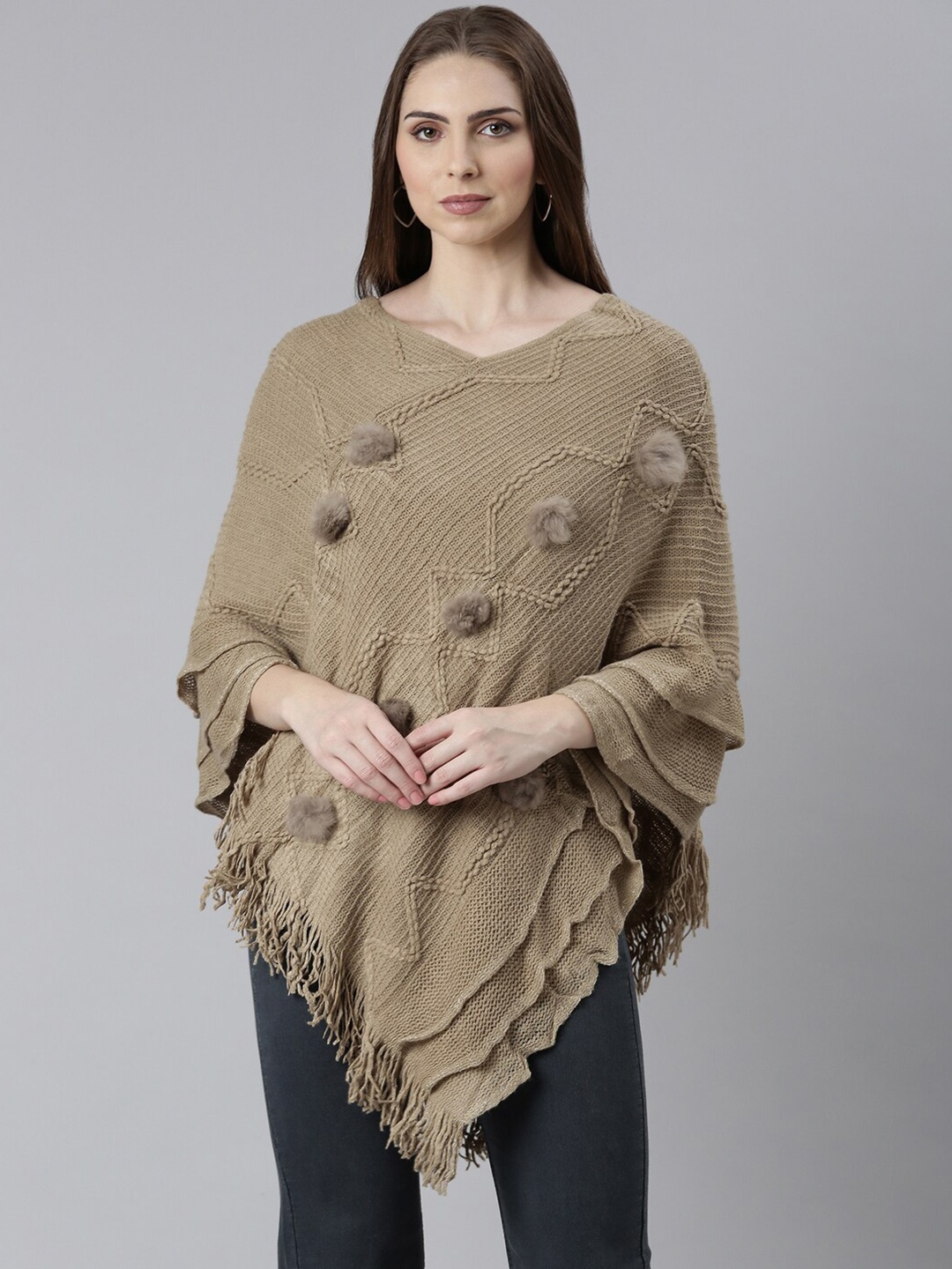 

SHOWOFF Geometric Self Design V-Neck Fringed Detail Acrylic Poncho, Khaki