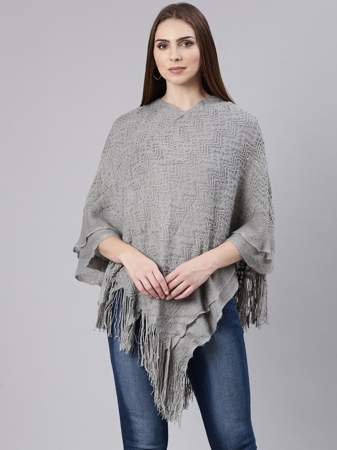 

SHOWOFF Self Designed Longline Acrylic Poncho with Embellished Detail, Grey