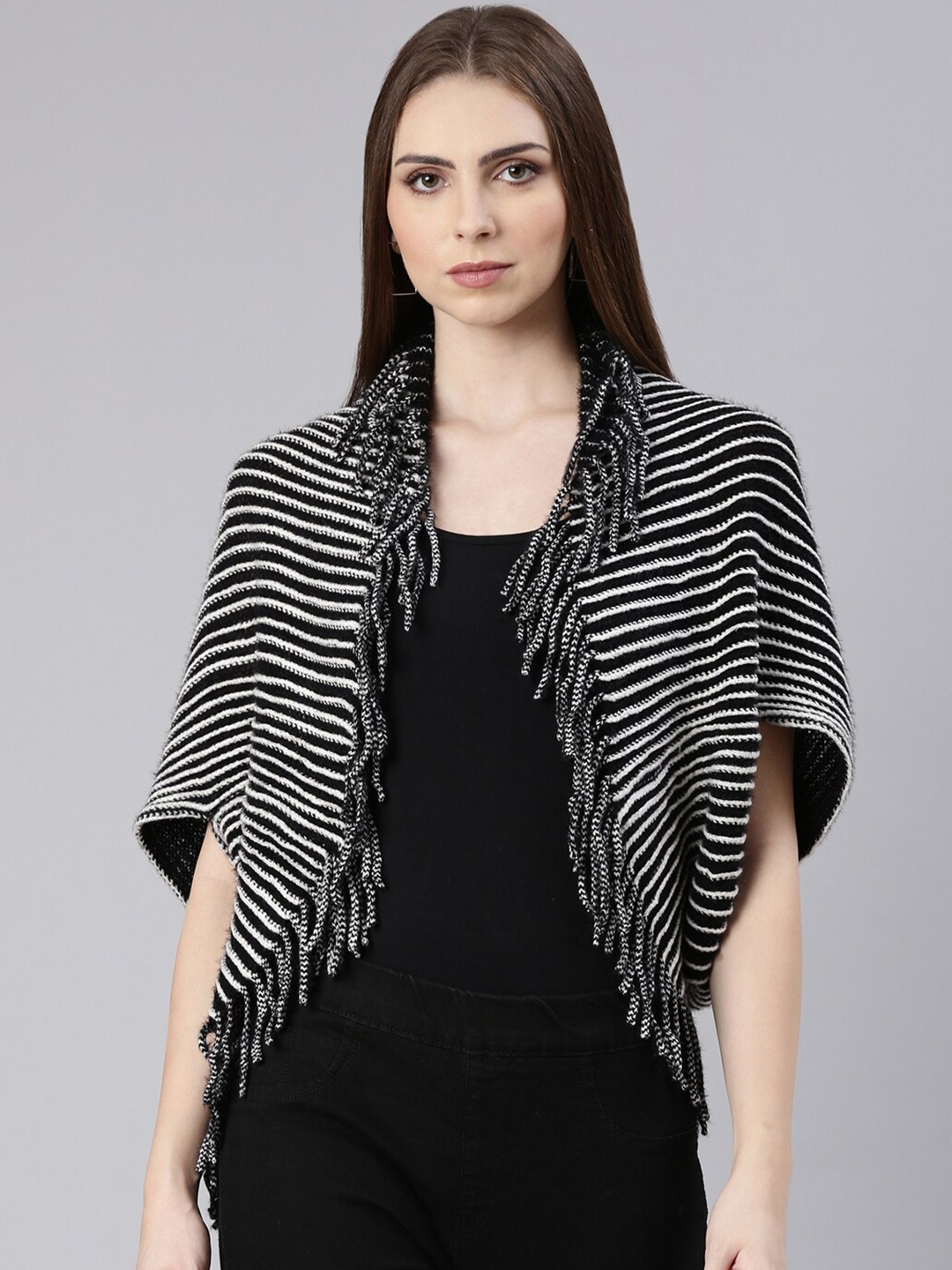 

SHOWOFF Striped Acrylic Front-Open Sweater with Fringed Detail, Black