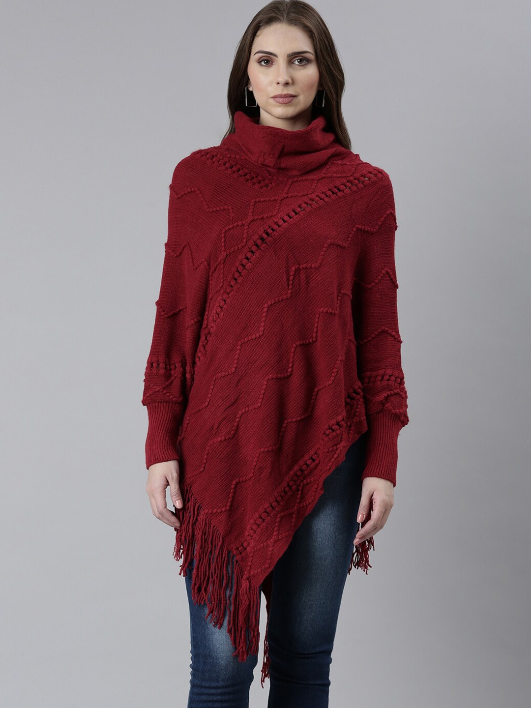 

SHOWOFF Self Designed Longline Turtle Neck Acrylic Poncho with Fringed Detail, Maroon