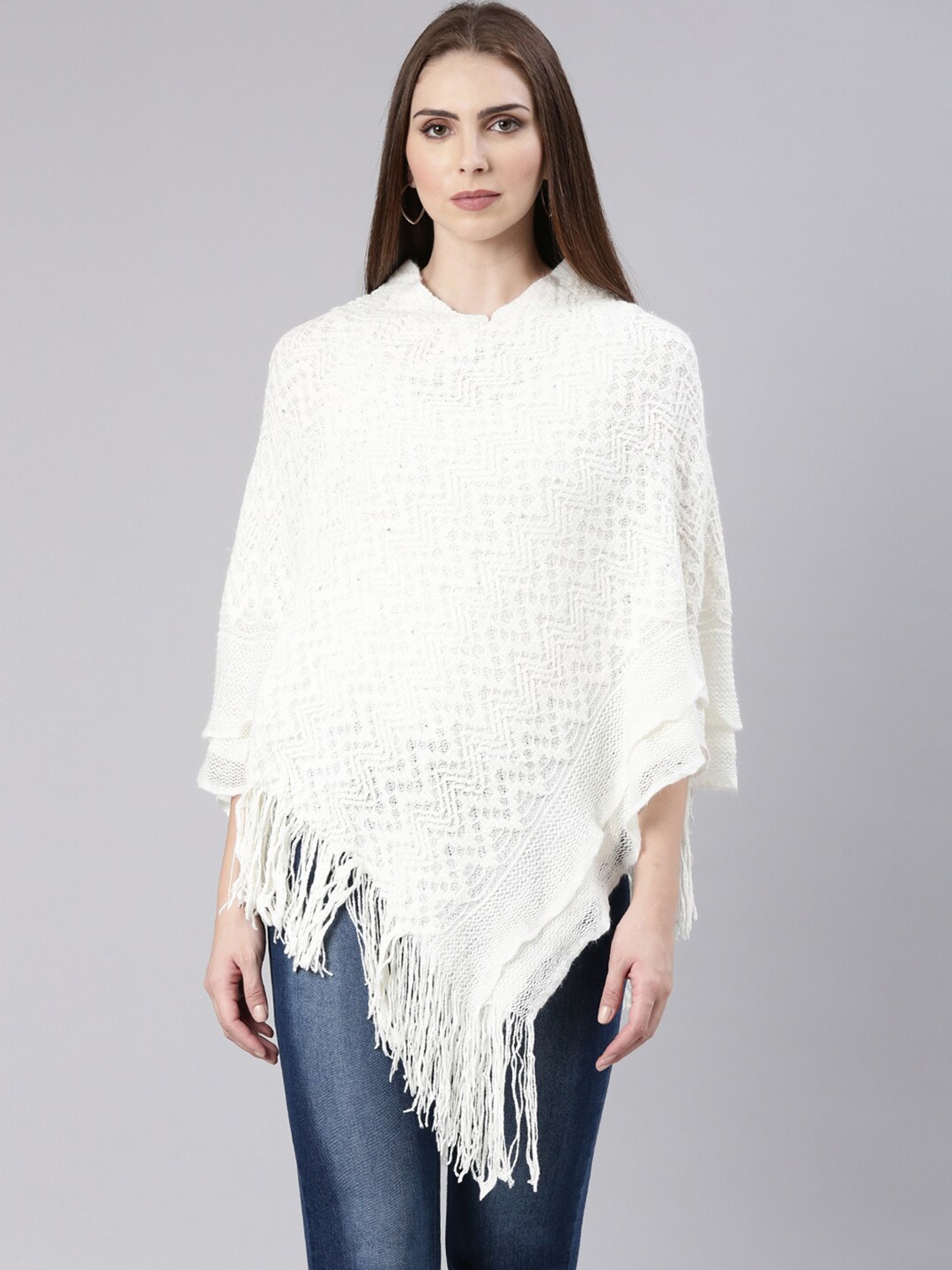 

SHOWOFF Self Designed Longline Acrylic Poncho with Fringed Detail, Off white