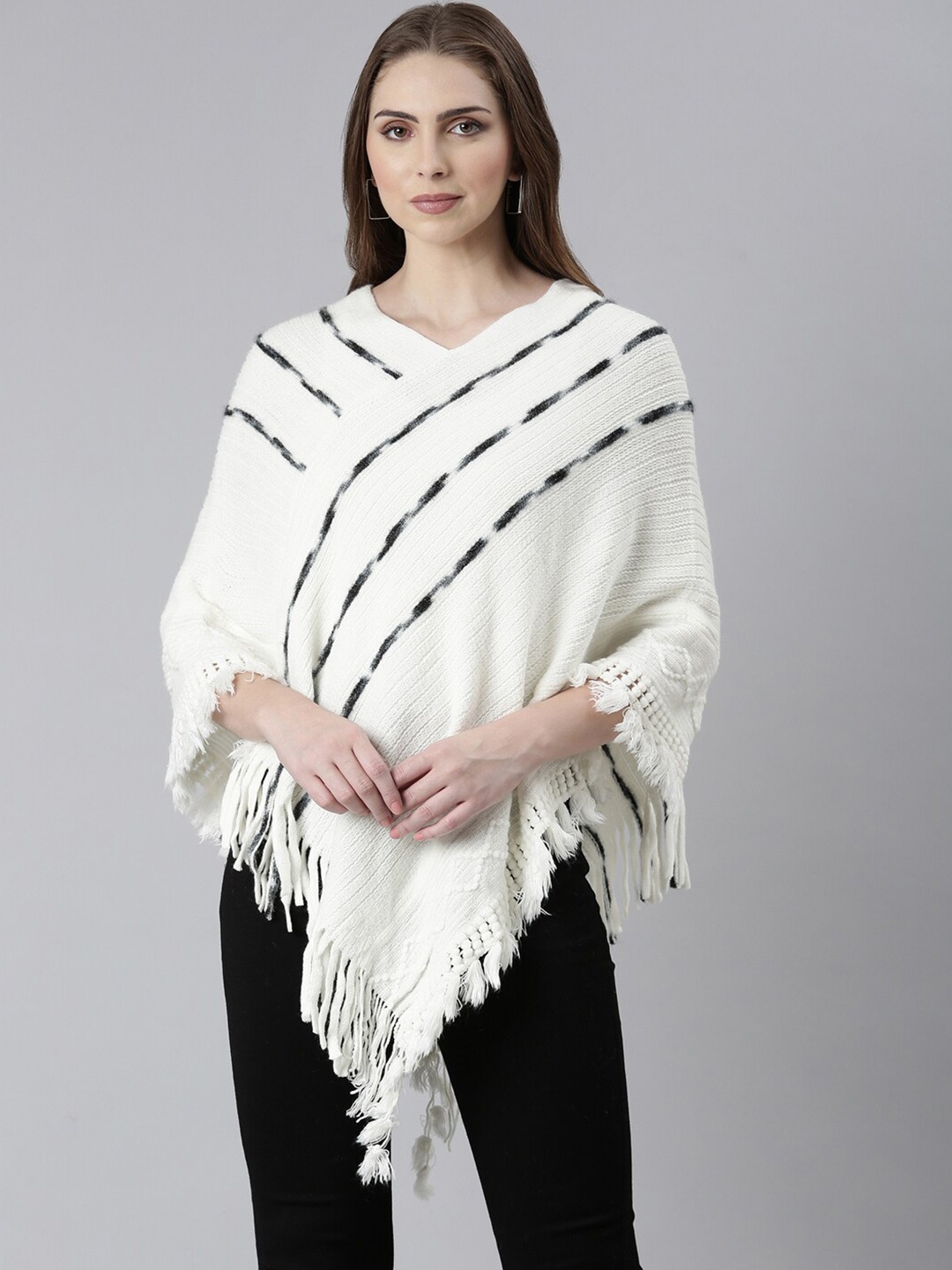 

SHOWOFF Striped Acrylic Poncho with Fringed Detail, Off white