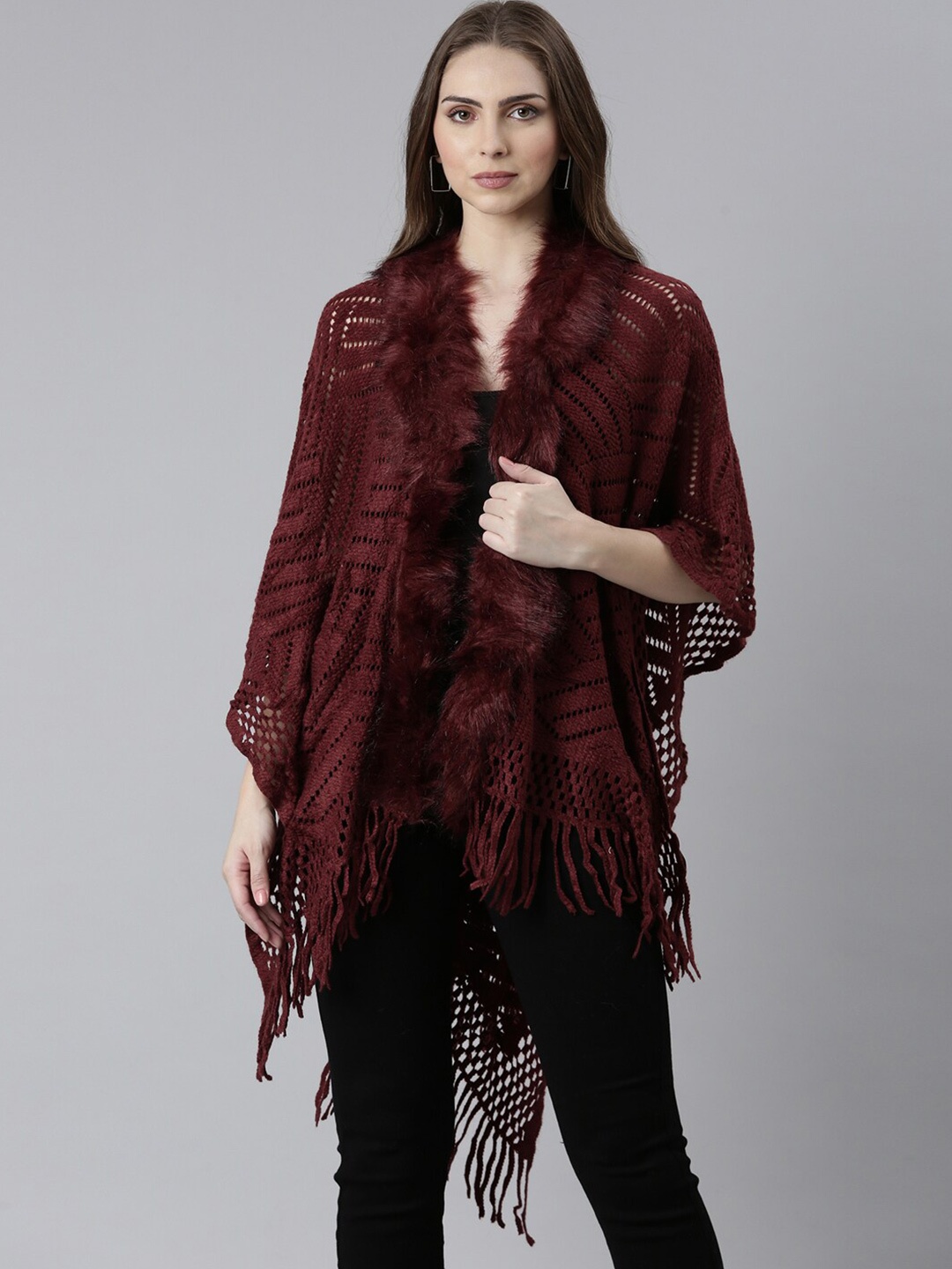 

SHOWOFF Open Knit Acrylic Front-Open Sweater with Fringed Detail, Maroon