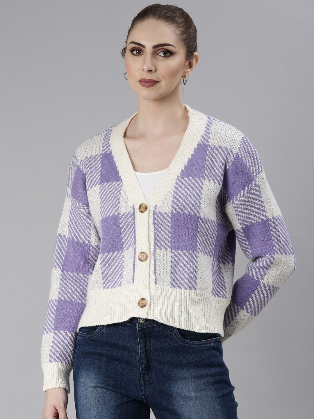 

SHOWOFF Checked Long Sleeves Acrylic Cardigan, Purple