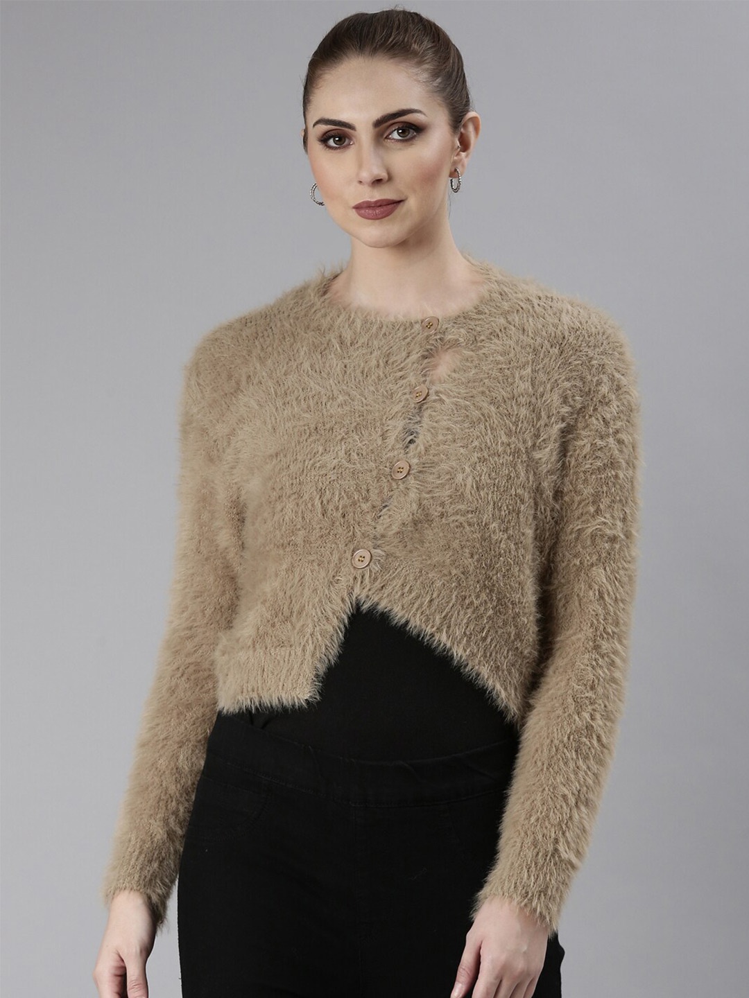 

SHOWOFF Self Design Long Sleeves Fuzzy Acrylic Crop Cardigan, Khaki