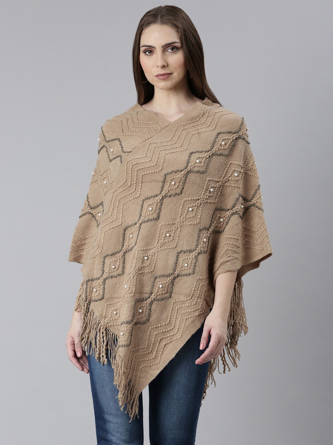 

SHOWOFF Self Design Chevron Longline Fringed Acrylic Poncho, Brown