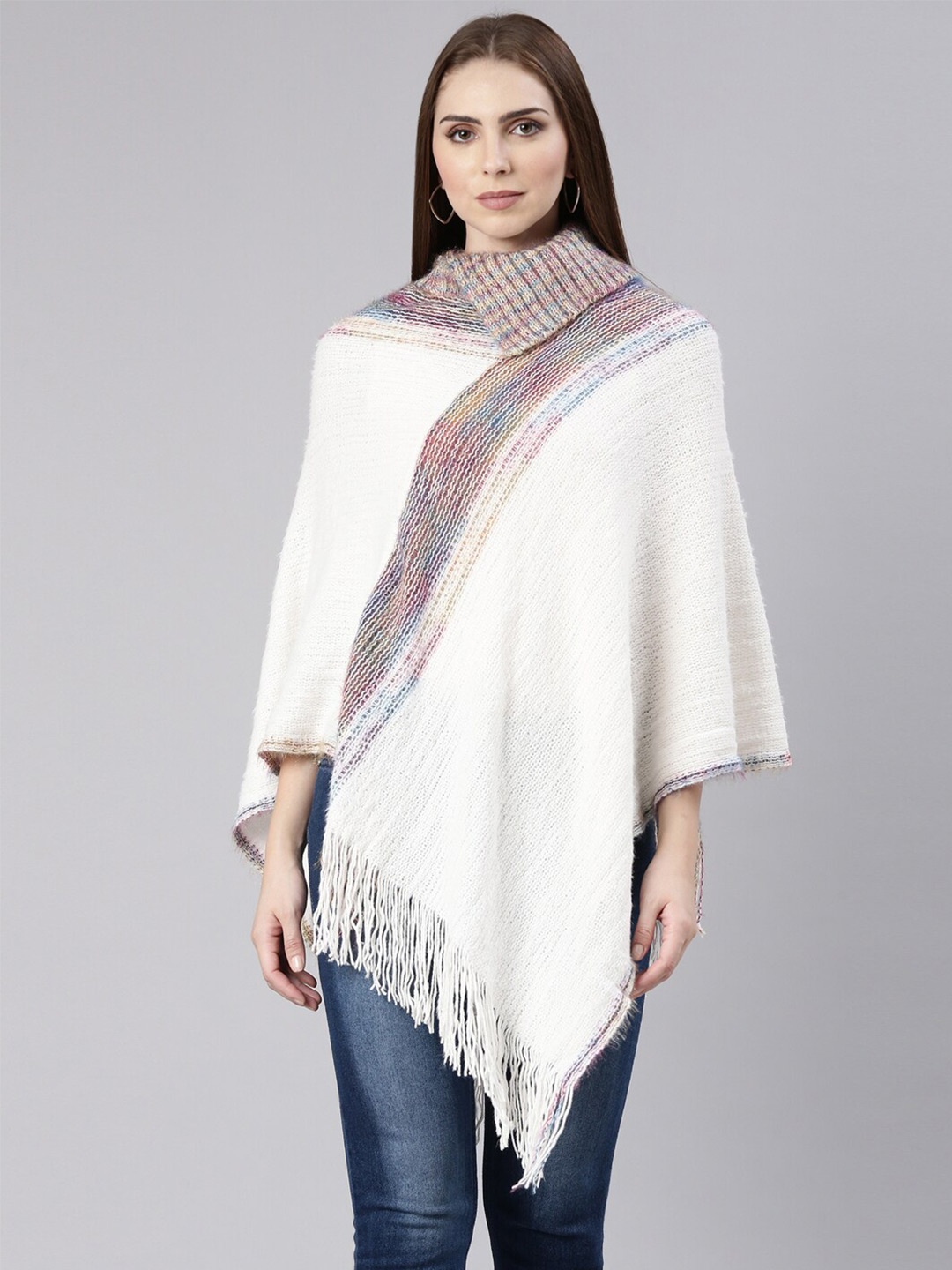 

SHOWOFF Striped Turtle Neck Fringed Acrylic Poncho, White