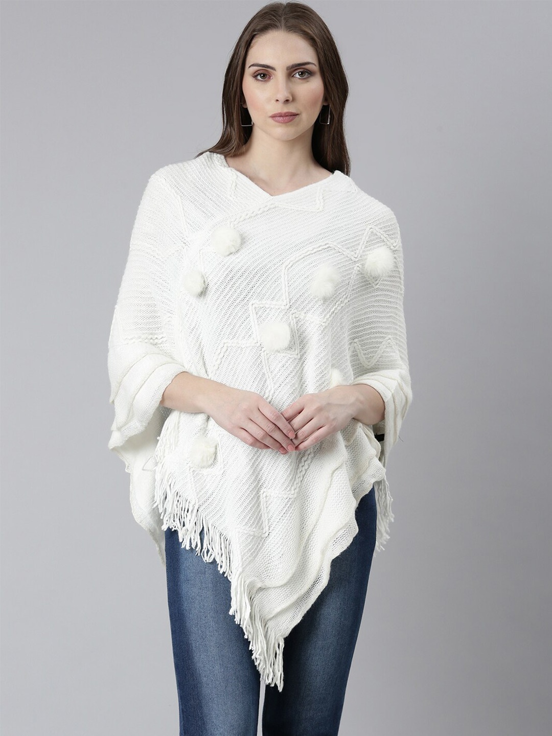 

SHOWOFF Self Design Longline Fringed Acrylic Poncho, Off white