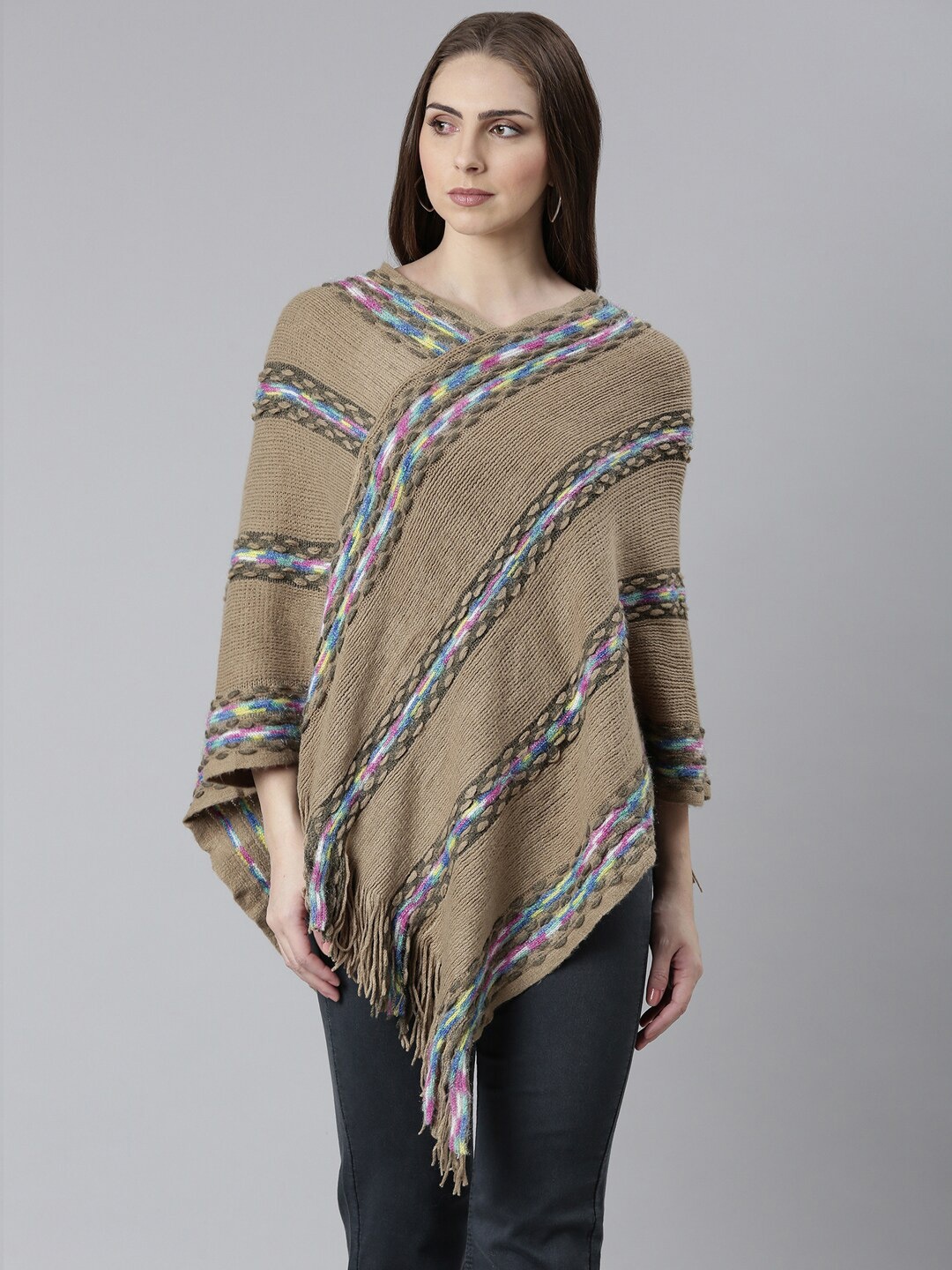 

SHOWOFF Self Design Longline Fringed Acrylic Poncho, Khaki