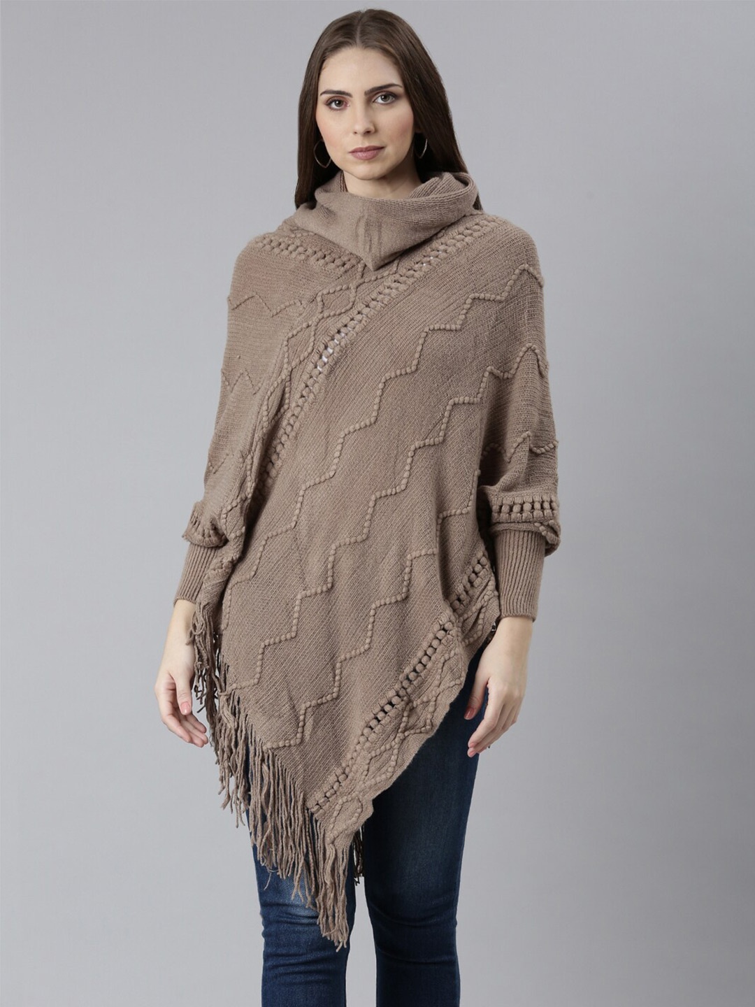 

SHOWOFF Self Design Turtle Neck Longline Fringed Acrylic Poncho, Taupe