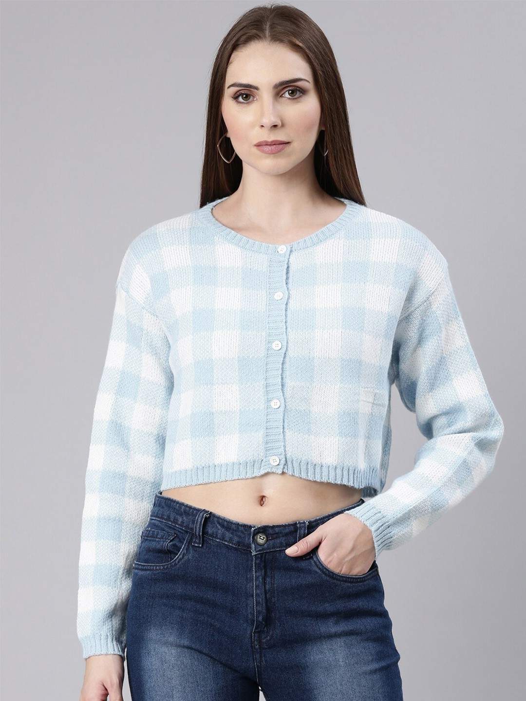 

SHOWOFF Checked Acrylic Cardigan, Blue