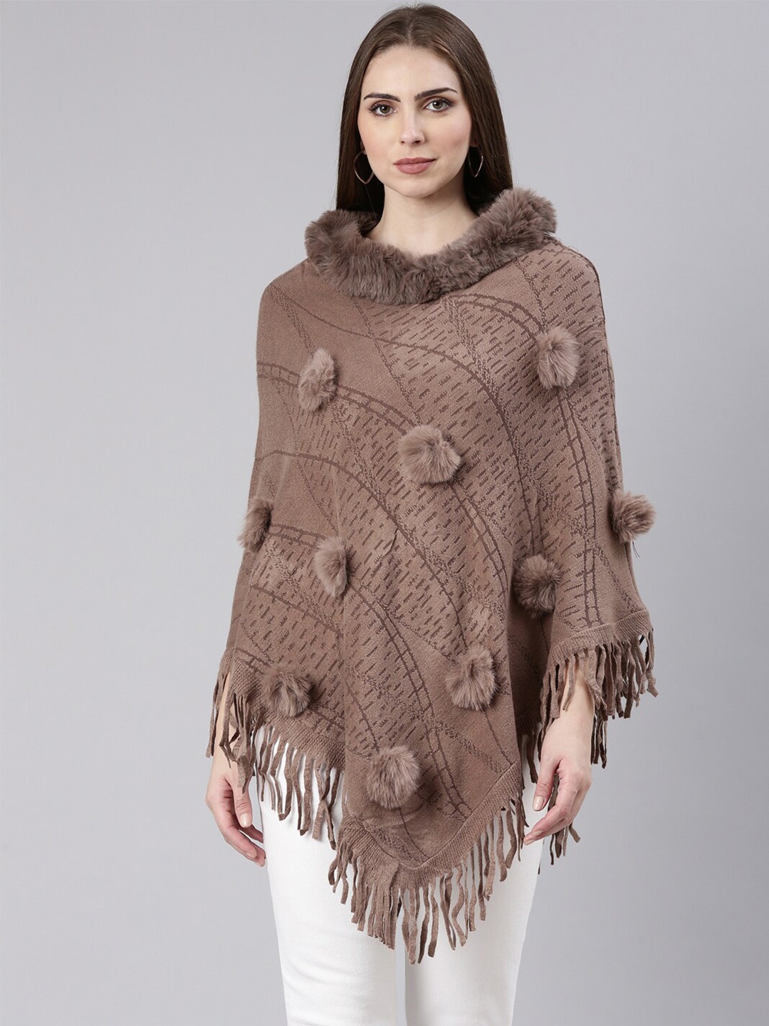 

SHOWOFF Self Design Longline Acrylic Poncho With Fringed Detail, Coffee brown