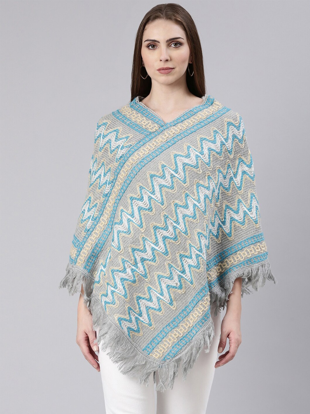 

SHOWOFF Chevron Self Design Acrylic Poncho With Fringed Detail, Grey