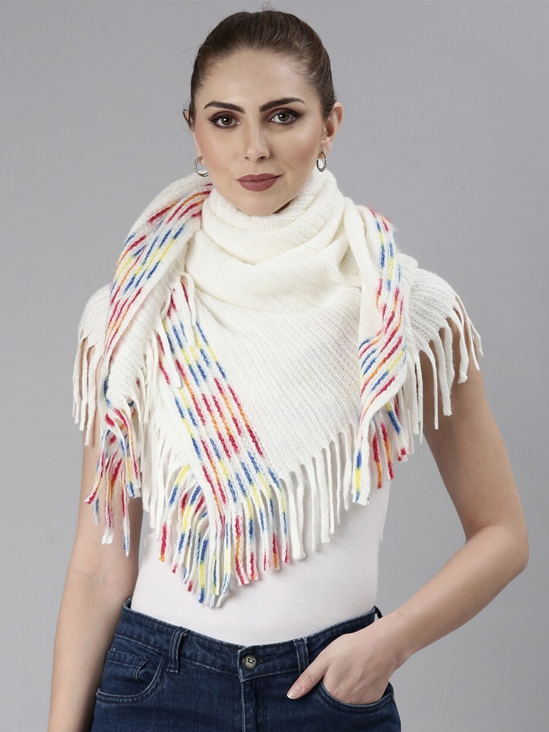 

SHOWOFF Cable Knit Acrylic Poncho With Fringed Detail, White