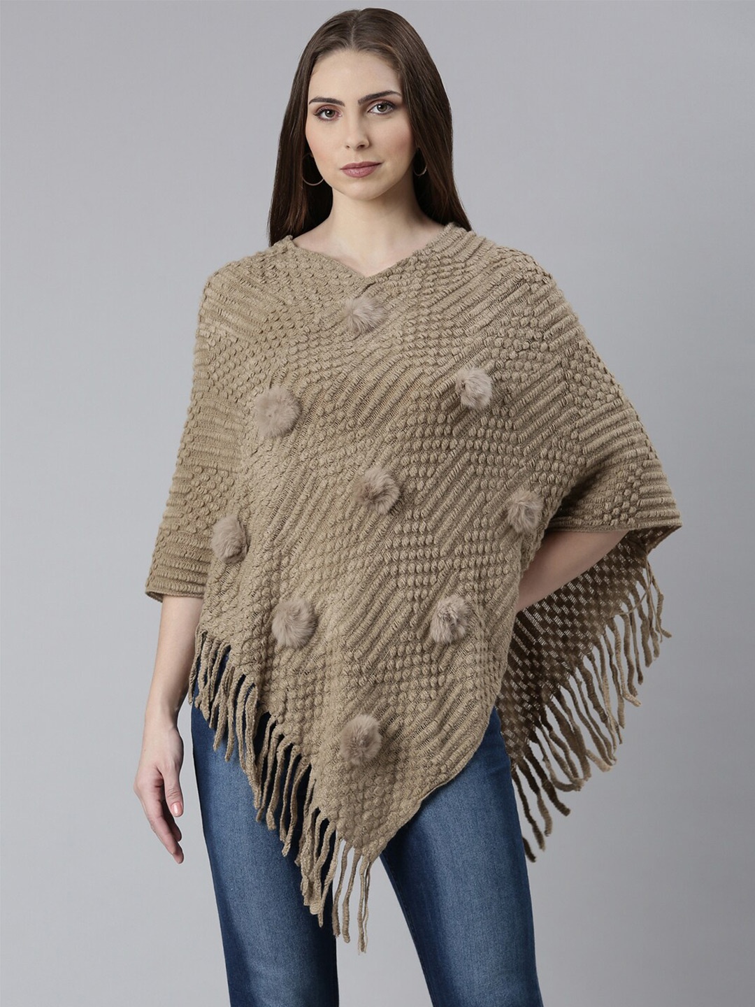 

SHOWOFF Open Knit Self Design Poncho with Fringed Detail, Khaki