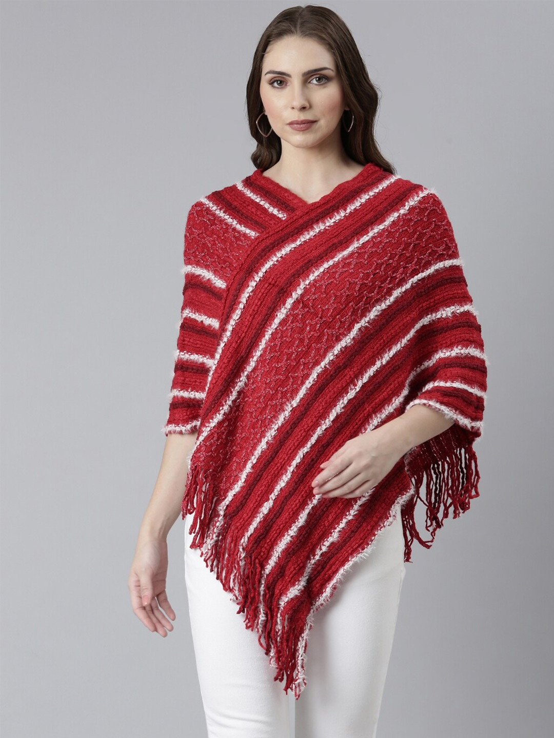 

SHOWOFF Cable Knit Striped Poncho with Fringed Detail, Red