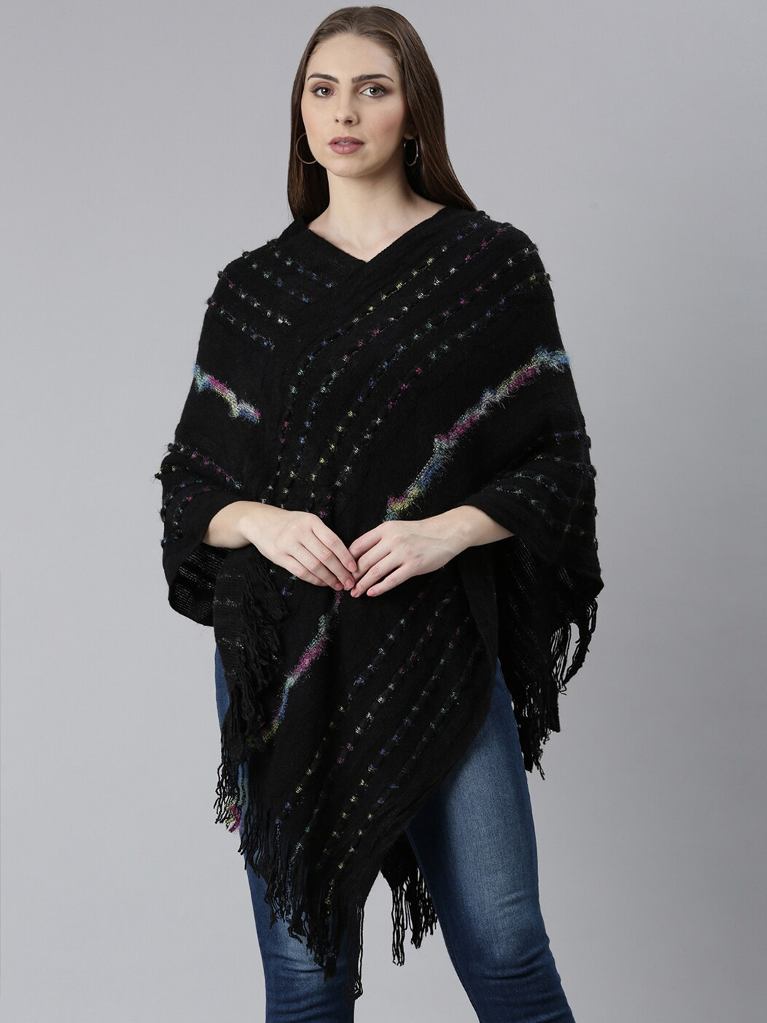 

SHOWOFF Striped Self Design Longline Poncho with Fringed Detail, Black