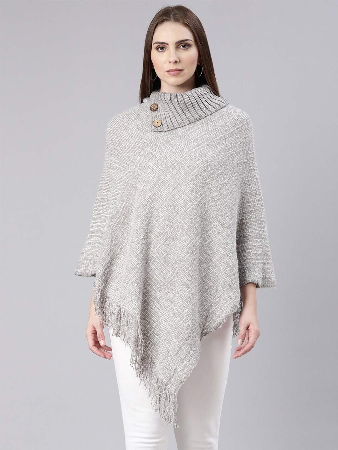 

SHOWOFF Turtle Neck Poncho with Fringed Detail, Grey