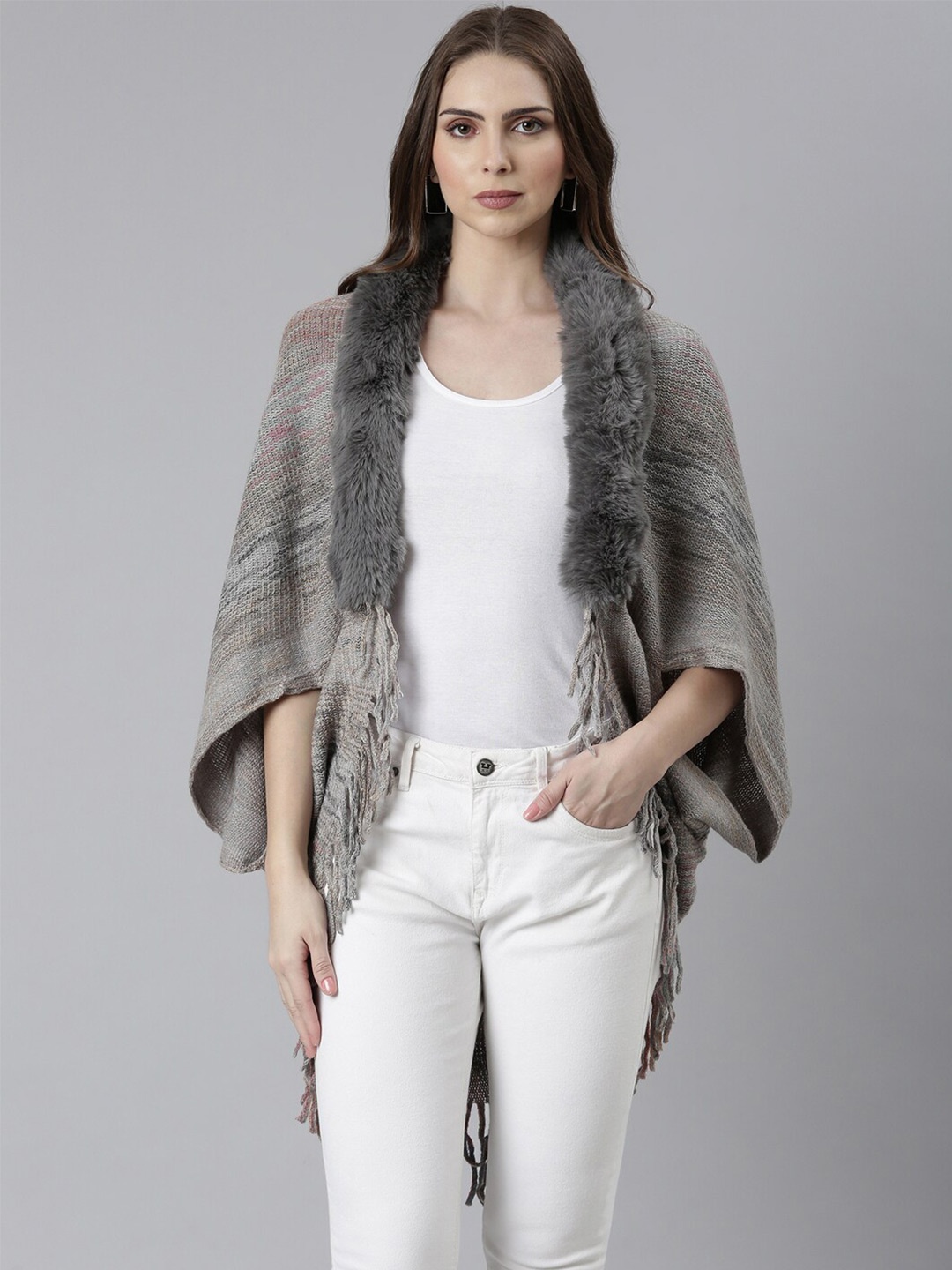 

SHOWOFF Speckled Poncho With Fringed Detail, Grey